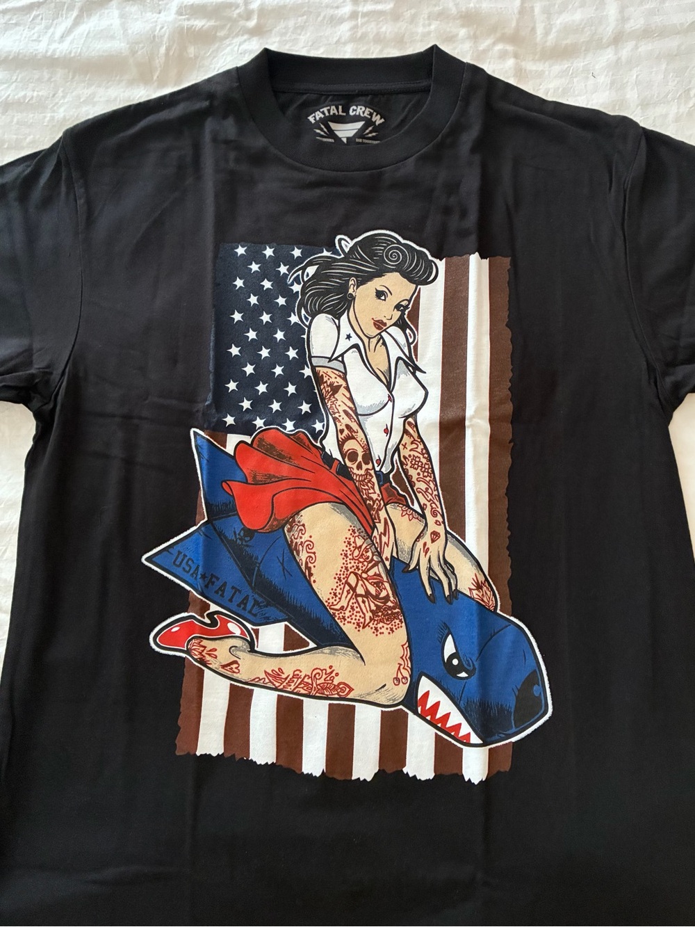 Fatal Brand Men’s Black Americana Graphic Tee – Pinup Girl Bomb Shark Design L
